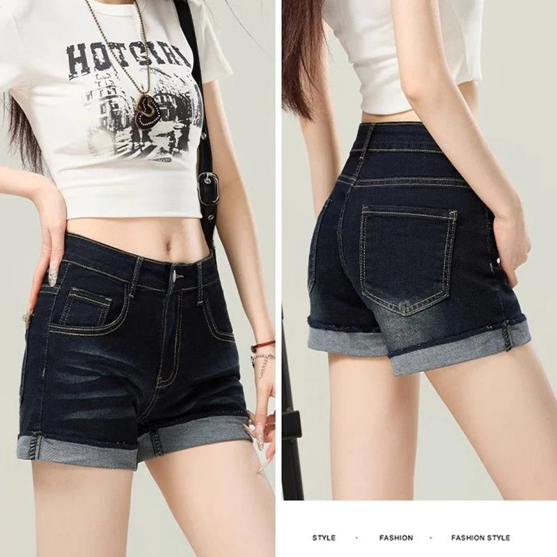 Summer Women Retro Dark Blue Hot Shorts Girls Korean Skinny Thin Denim Pants Lady Casual Fashion High Waist Short Jeans