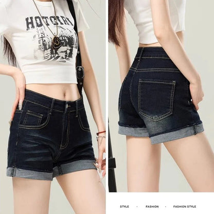 Summer Women Retro Dark Blue Hot Shorts Girls Korean Skinny Thin Denim Pants Lady Casual Fashion High Waist Short Jeans