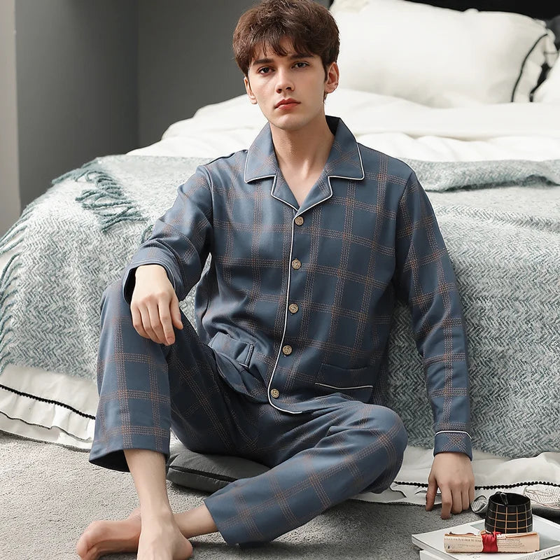 Casual Spring and Autumn Pajamas for Men, New Versatile Cardigan Long-Sleeved Long Pants Set, Simple and Stylish, Plus-Size Loungewear
