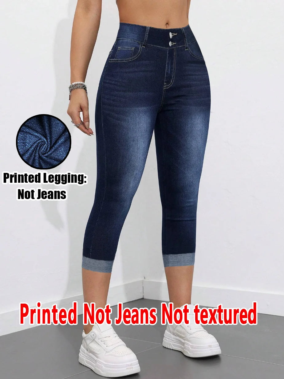 2007 [Printed Pants - Not Denim Fabric] Printed Legging - Not Denim Fabric Women's Imitation Denim Capri Pants Summer Blue