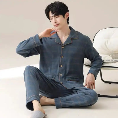 Herr Pyjamas Set Vår & Höst – Långärmad Ledig Enfargad Molnbomull 2-delad, 9 Färger L–3XL