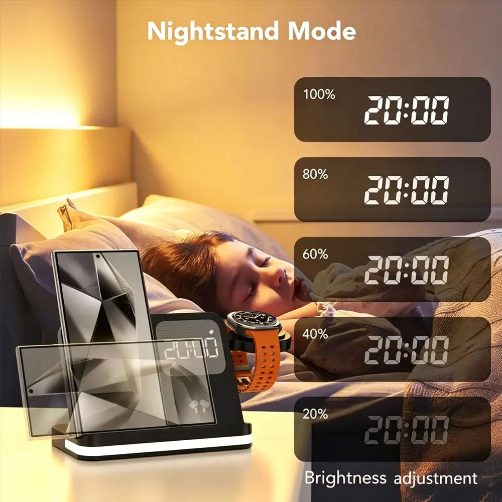 4 in 1 Wireless Charger Alarm Clock Stand For Samsung S26 S25 Galaxy Watch 8 7 6 5 Active 2 Buds4 Pro 3/2 Fast Charging Station