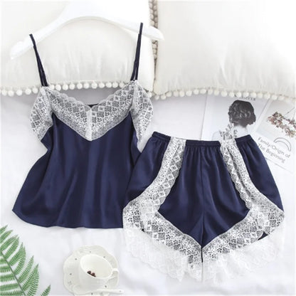 HELTFARM pyjamasset dam med spets – ärmlös V-ringad topp och shorts, S–XL