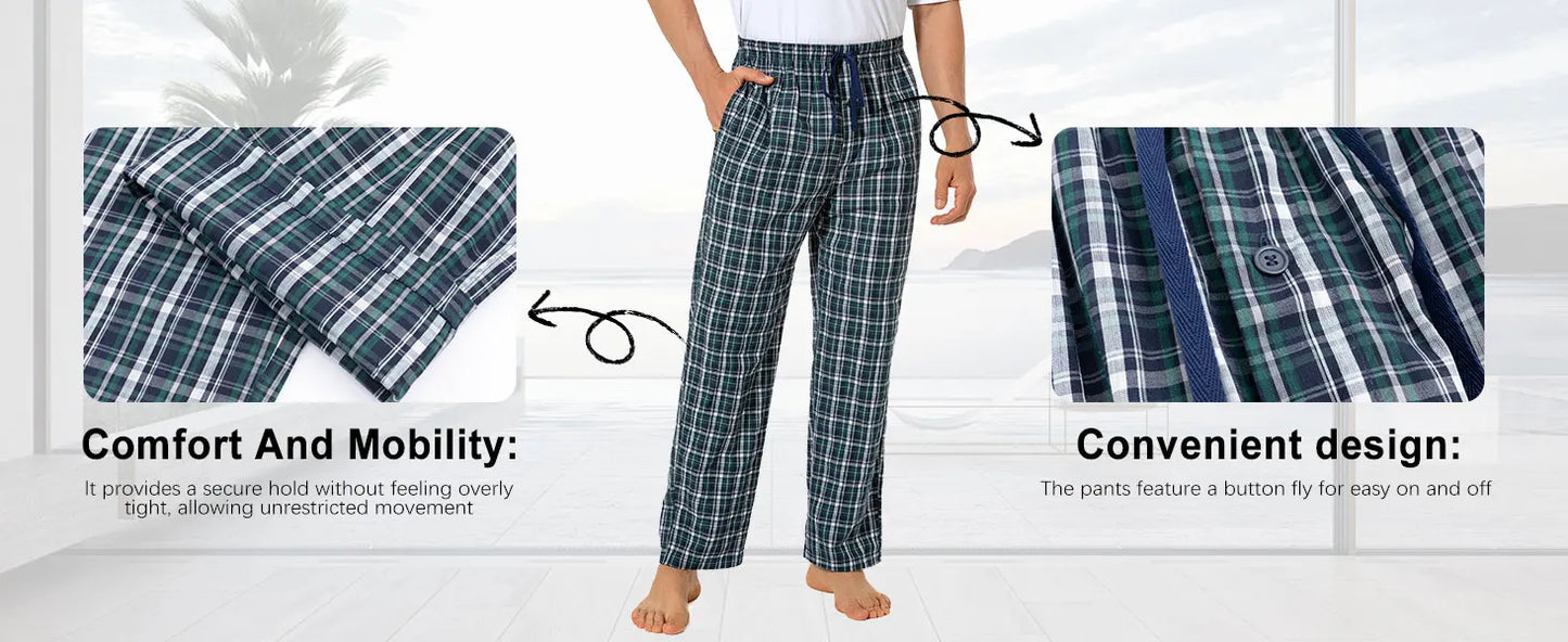 3pcs Men's Pajama Pants Autumn Simple Plaid Pattern Casual Cotton Sleepwear Trendy Elastic Waistband Home Pajama Bottoms