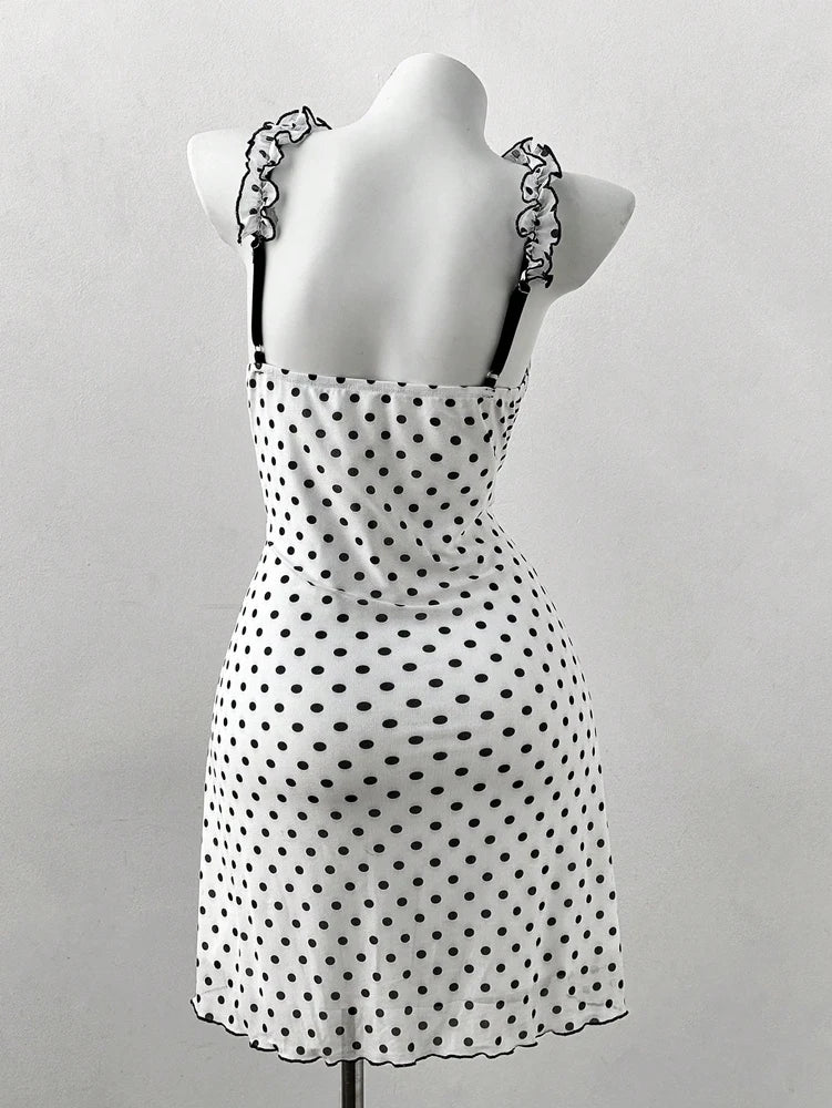 Plus Size Y2K Polka Dot Dress, Ruffle Trim Bow Front Cami Mini Dress, Sexy Sweet Coquette Style Party Dress for Women