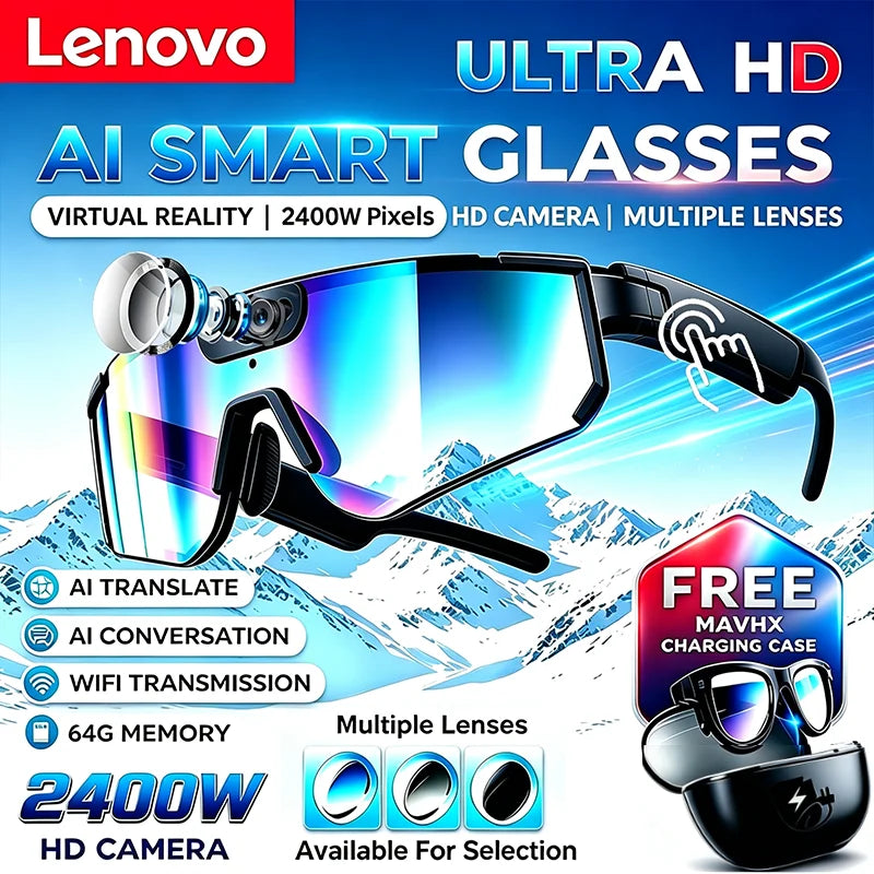 Lenovo 2400w Photo ChatGPT AI Smart Camera Glasses Anti-shake 1080P Video Cycling Sport Sunglasses DualMic 32GB Windproof Goggle