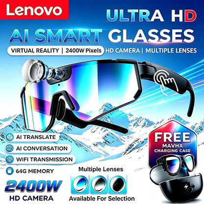 Lenovo 2400w Photo ChatGPT AI Smart Camera Glasses Anti-shake 1080P Video Cycling Sport Sunglasses DualMic 32GB Windproof Goggle
