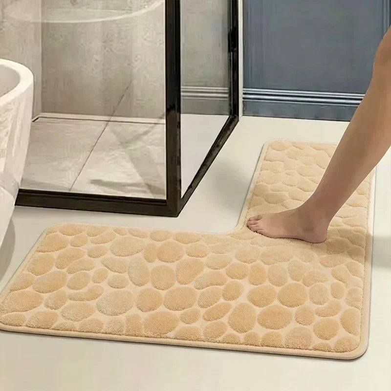 80x80cm New L-shaped Bath Mat Cobblestone Memory Foam Super Absorbent Non-Slip Corner Mat for Bathroom Shower Toilet Home Decor