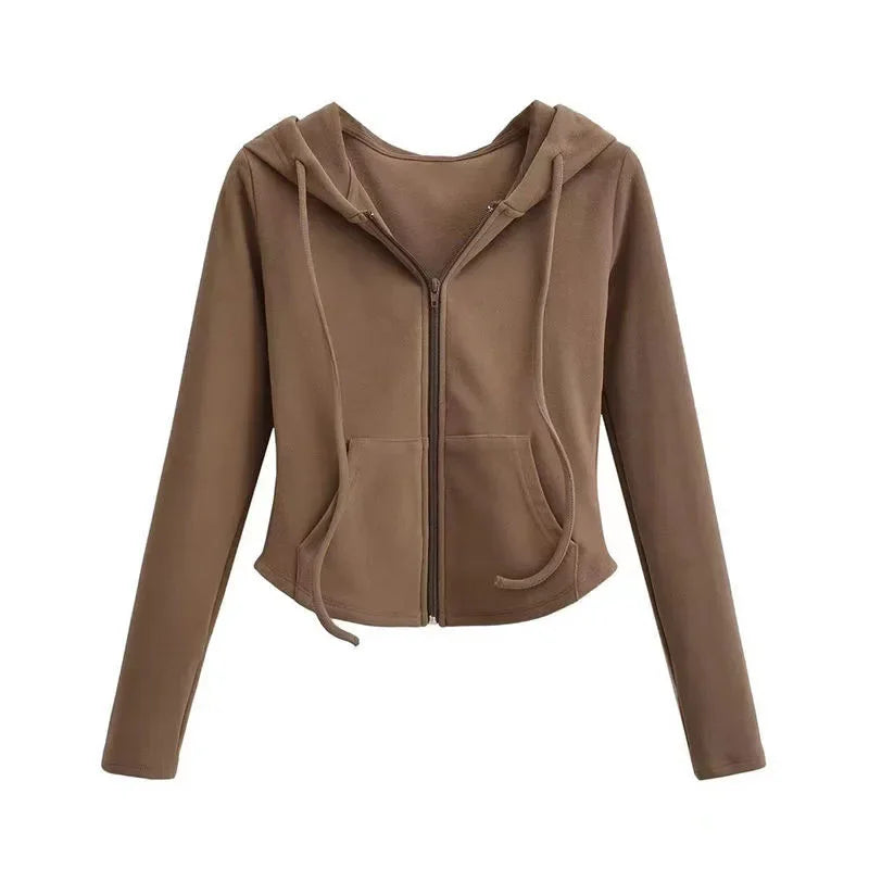 Women's Slim Fit Hooded Zip Up Sports Sweatshirt | Autumn Cropped Casual Jacket Long Sleeve Athletic Outerwear K Pop Clothes
