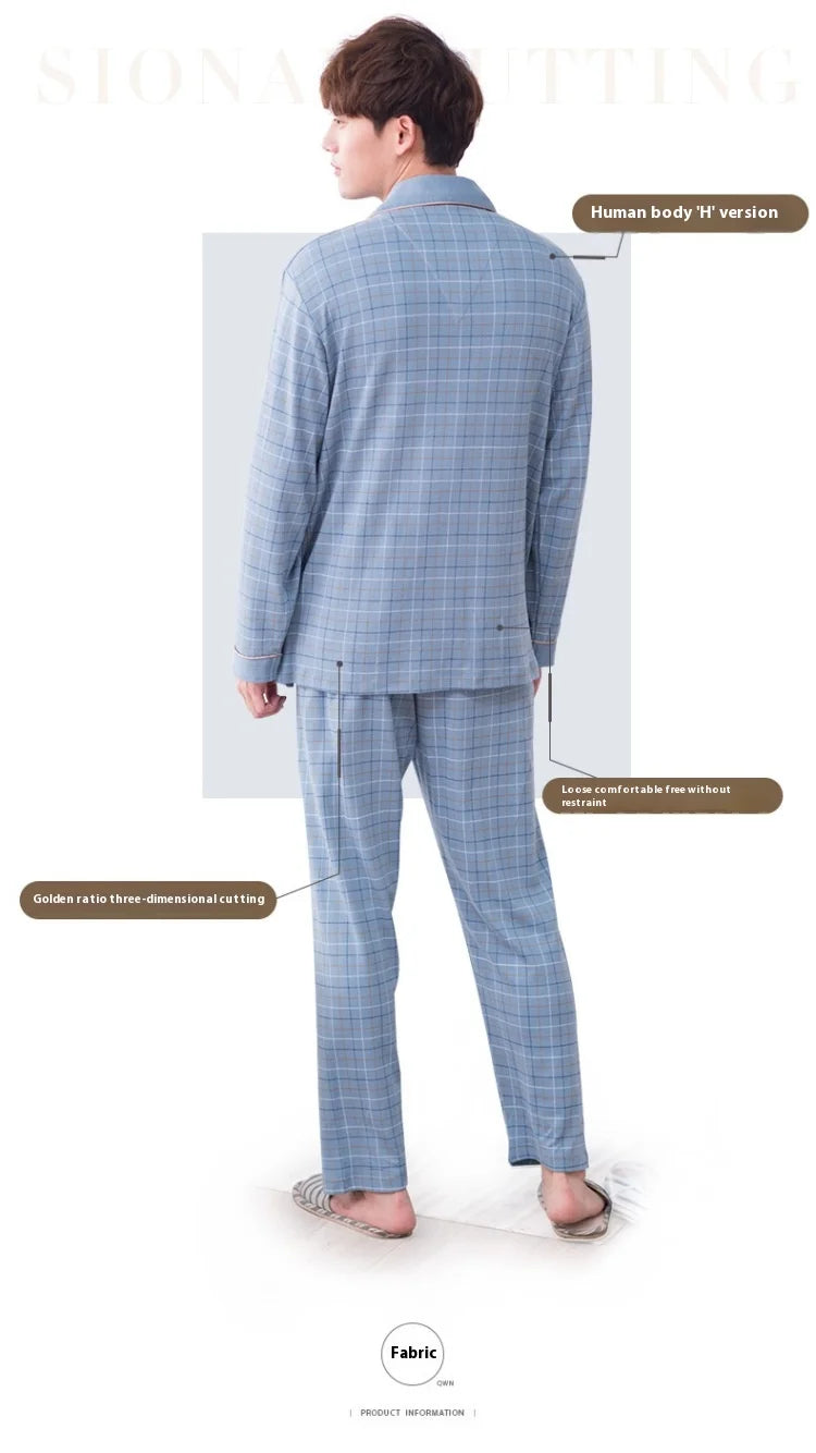 Herr Pyjamas Höst & Vinter – Bomull Långärmad Cardigan Plus Size Rutig 2-delad, 4 Färger