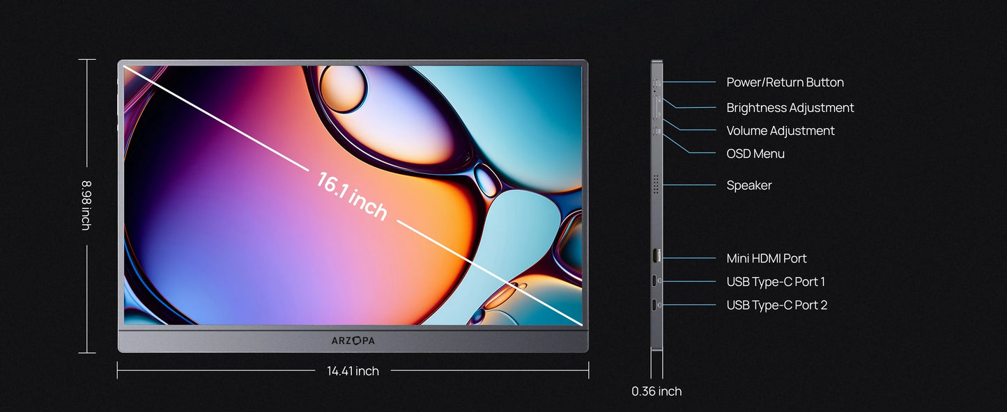 ARZOPA Z3FC Portabel Skärm 16,1" 180Hz 2,5K QHD – IPS 107% sRGB HDR10 Dubbla Högtalare Aluminium USB-C HDMI