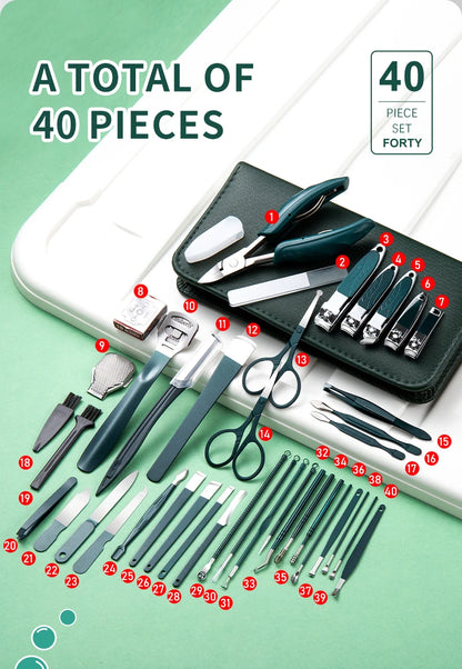 40Pcs Manicure Set Nail Clippers Kit Cuticle Scissors Stainless Steel Foot Care Tools with Leather Case Foot Rasps Callus Shaver