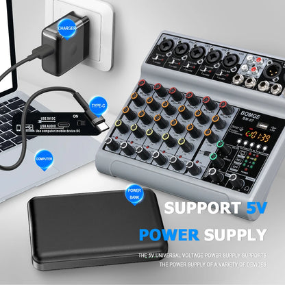 BOMGE BM-07 7-kanals ljudmixer med USB och Bluetooth