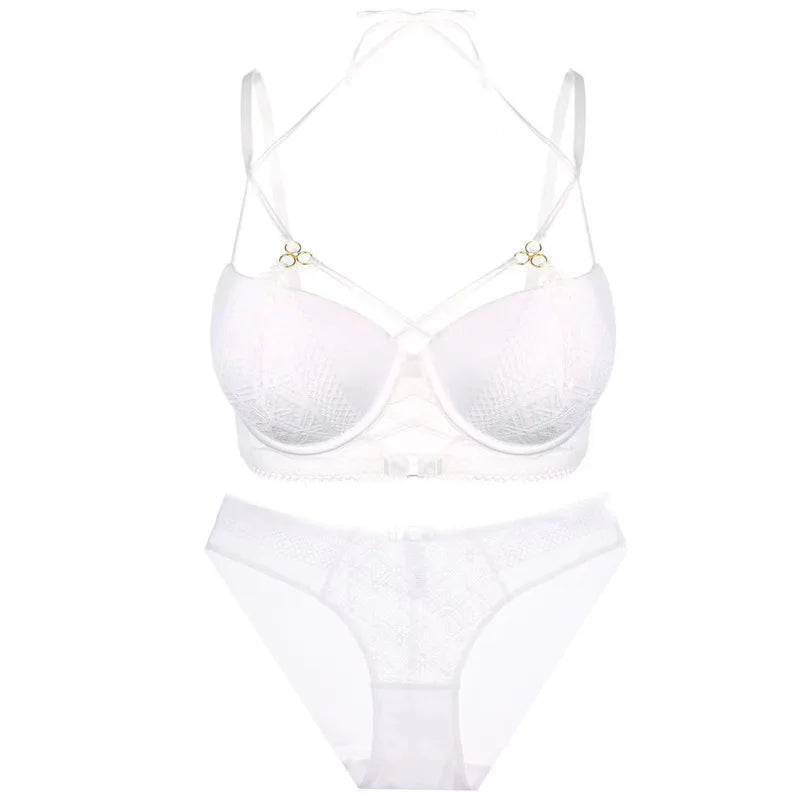 Women's Sexy Push up Lingerie Set French Lace Half Cup Bra with Garter Belt Summer Underwear Demi Bra Transparent
