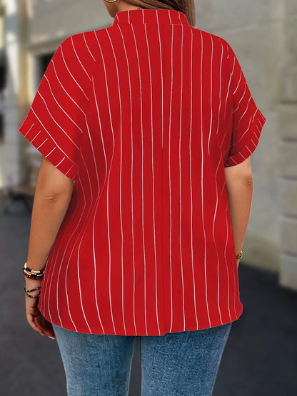 Gadinus White Plus Size Striped Blouse Women V Neck Button Front Short Sleeve Loose Fit Casual Shirt Tunic Top