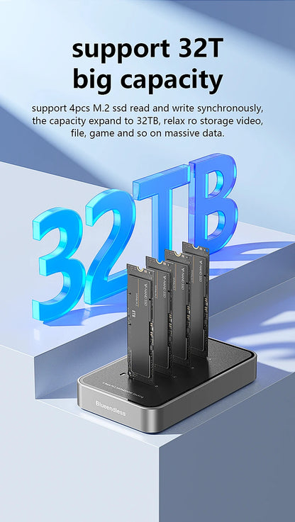 Blueendless 4 Bay M.2 NVMe/SATA SSD Docking Station Type C USB3.1 10Gbps M2 NVMe PCIe SATA NGFF Dual Protocol Aluminum SSD Case