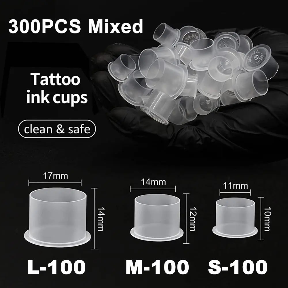 300/100PCS Disposable Tattoo Ink Cups with Base S/M/L Mixed Permanent Makeup Pigment Holder Caps Tattoo Accessories
