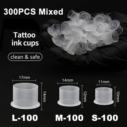 300/100PCS Disposable Tattoo Ink Cups with Base S/M/L Mixed Permanent Makeup Pigment Holder Caps Tattoo Accessories