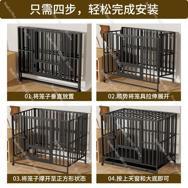 Heavy Duty Foldable Dog Crate for Large Medium Dogs Indoor Home Pet Cage Kennel with Toilet Tray Reinforced Square Tube Metal