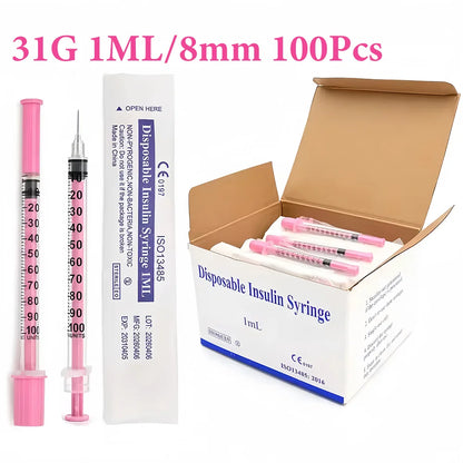 Rosa 1 ml insulinspruta med 30G/31G 8 mm nål, 100-pack