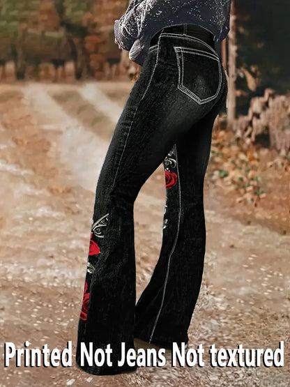 1253 [Printed Pants - Not Denim Fabric] Floral Print Flare Pants - Non-Denim Fabric, Women's Trousers,
