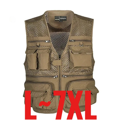 Plus Size Men's Vest Mesh Waistcoat Summer Tool Multi Pocket Work Wear Big Large Cargo Sleeveless Jacket Male Fishing Quick Dry