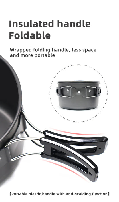 PACOONE Campingkokset – Portabelt Aluminiumset med Kastrull, Vattenkokare & Panna, Hopfällbart
