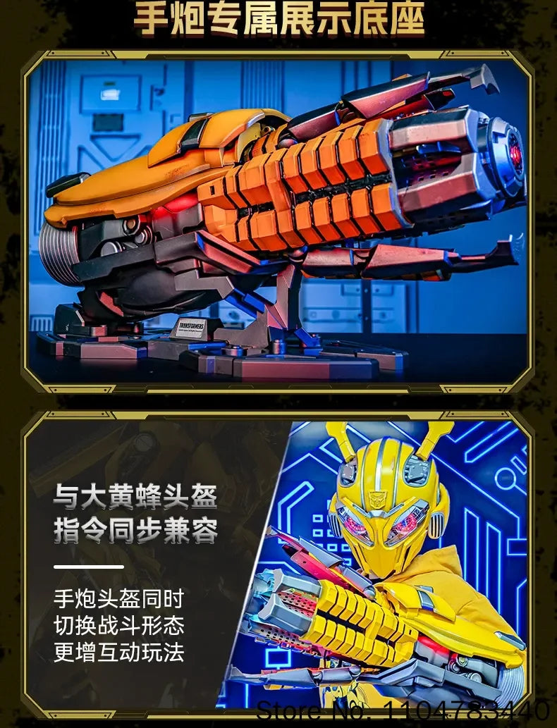 Bärbar Bumblebee hjälmleksak med armkanon och rollspelsdesign