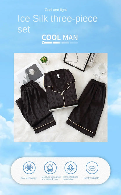 Fashion Summer Autumn 3 Piece Silk Men Pajamas Set Short Sleeve Shorts Oversize Homewear Lapel Collar Loungewear Pijamas for Man