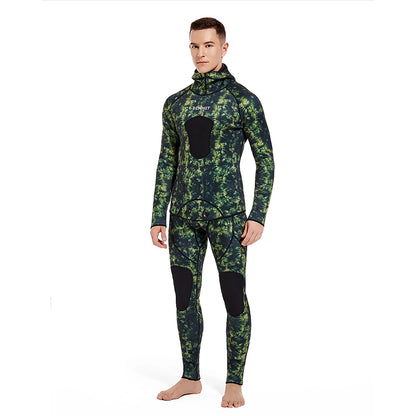 HOT Camouflage Long Sleeve Fission Hooded 2 Pieces Of 1.5/3MM Neoprene Submersible Suit For Men Keep Warm Waterproof Diving Suit