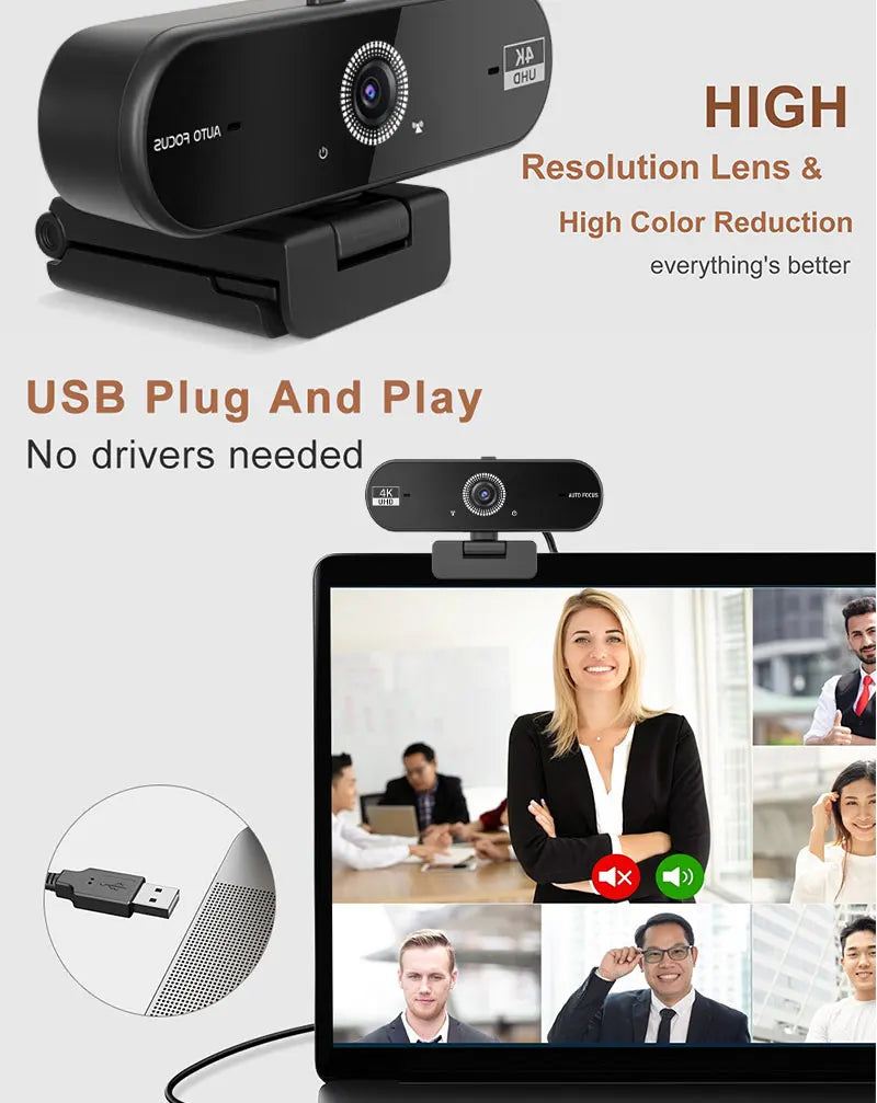 4K Webcam for PC 30fps Autofocus Web Camera With Noise Reducing Microphone Privacy Cover Auto Exposure USB 2.0 Type-C Adapter