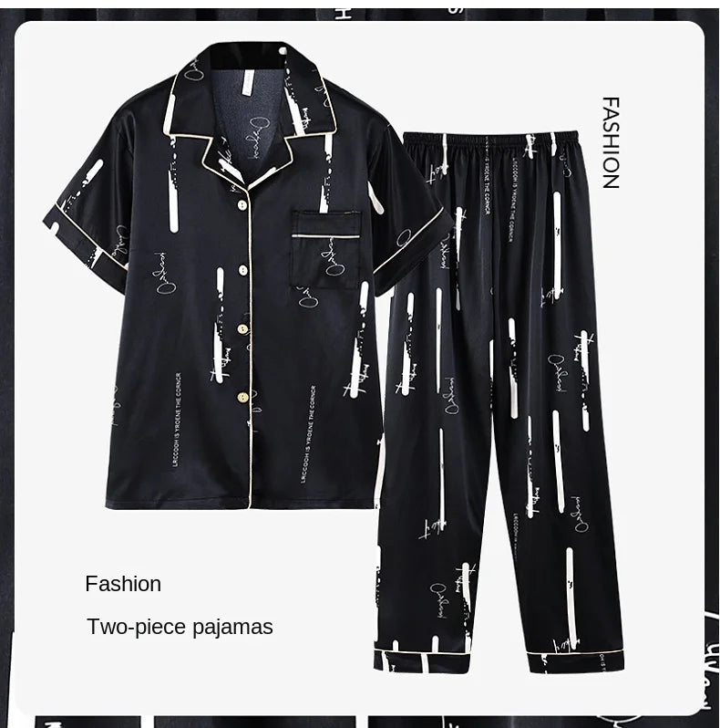 Fashion Summer Autumn 3 Piece Silk Men Pajamas Set Short Sleeve Shorts Oversize Homewear Lapel Collar Loungewear Pijamas for Man
