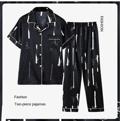 Fashion Summer Autumn 3 Piece Silk Men Pajamas Set Short Sleeve Shorts Oversize Homewear Lapel Collar Loungewear Pijamas for Man