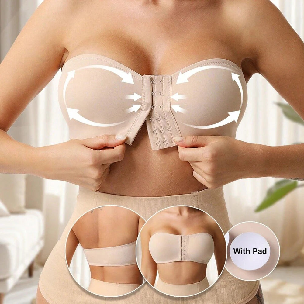 Plus Size Women's Front Fastening Bandeau Bras Strapless Push Up Wirefree Comfortable Bra Strapless Everyday Padded Bralette