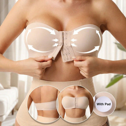 Plus Size Women's Front Fastening Bandeau Bras Strapless Push Up Wirefree Comfortable Bra Strapless Everyday Padded Bralette
