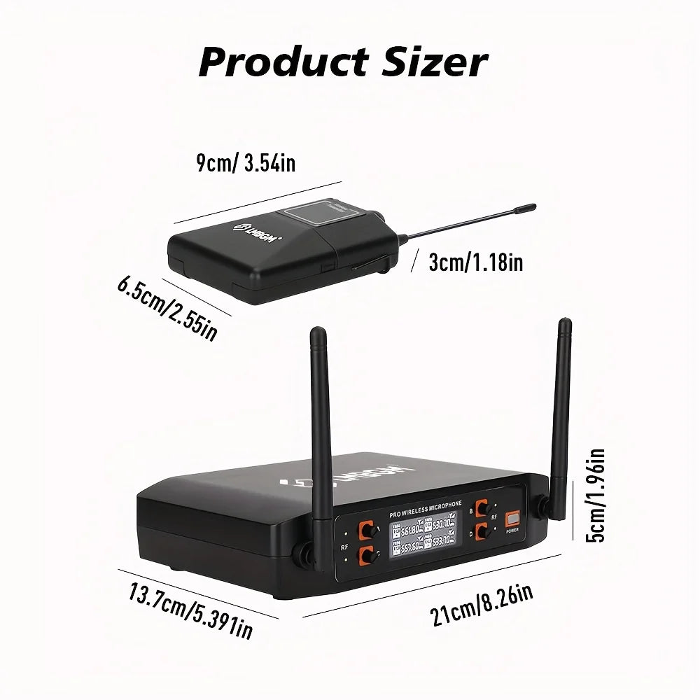 LMBGM-D44 Wireless Microphone System 4 Channel Lavalier/Headset Mic UHF Fixed Dual Band Wireless Set for Church Wedding Party