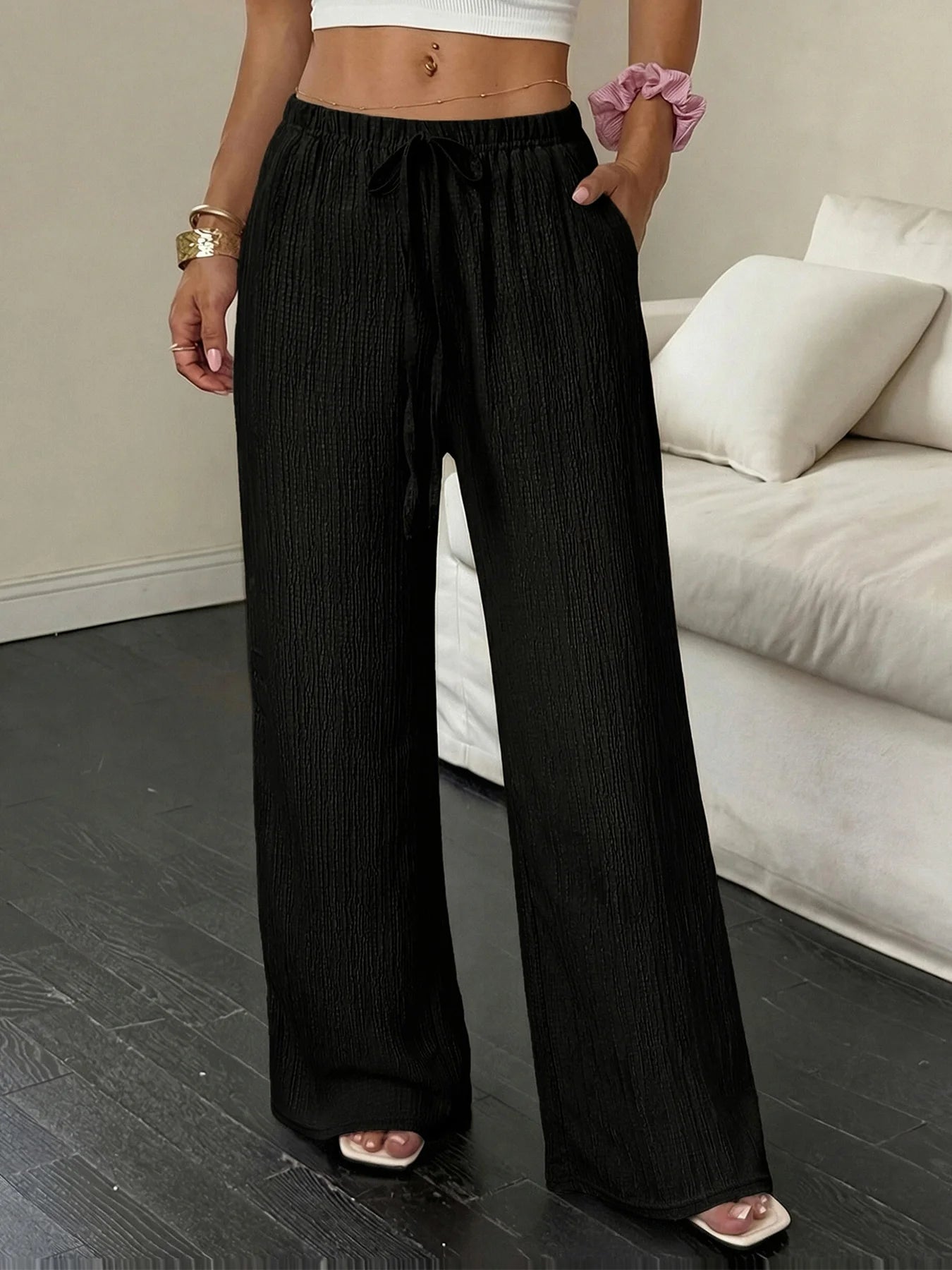 Dam Vida Byxor Hög Midja – Elegant Casual Enfargad Snördetalj Fickor Vår/Höst, 4 Färger S–XXL