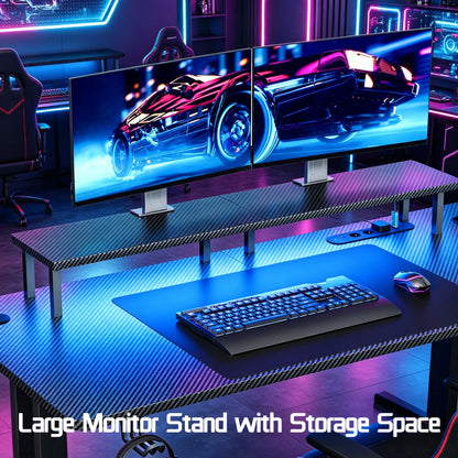 120/140/160CM Gaming Desk with LED Lights & Power Outlet, Ergonomic Carbon Fiber Computer Gamer Desk with Dual Monitor Stand,  Cup Holder & Headphone Hook, Home Office Gaming Table