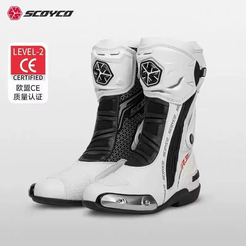SCOYCO Banracing Motorcykelkängor CE Professionell Certifiering TPU Läder Män Kvinnor Unisex