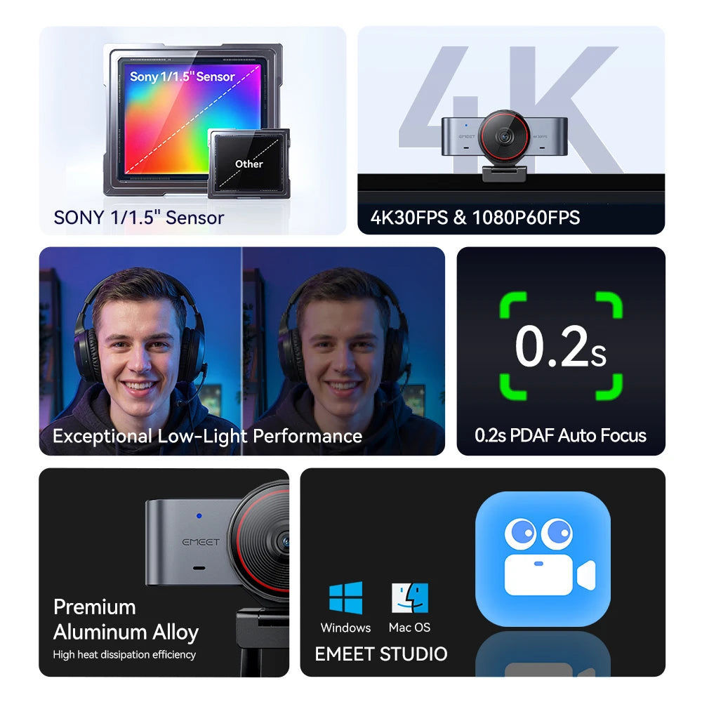 Webcam 4K Ultra HD with 1/1.5"Large Sensor & Metal Body,PC Accessories USB Camera for Online Meetings/Streaming/Content Creation