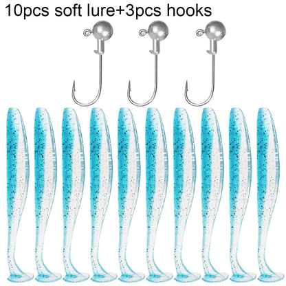 10PCS Soft Lure 5.5cm 7cm 10cm T Tail Worm 3PCS Jigging Head Hook 3g 5g 10g Metal Jig Carp Fishing Pesca Swimbait Gear Kit Bait