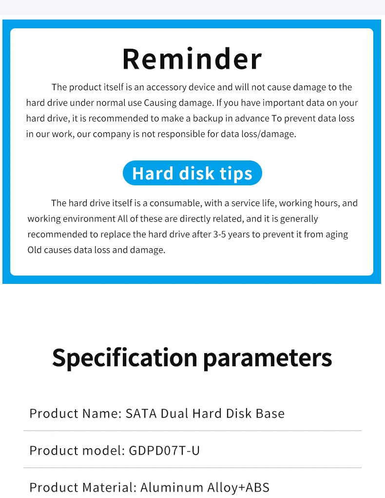 GODO USB 3.0 Dubbel Fack Typ C Hårddiskdocka för 2.5/3.5 tums SATA-enheter