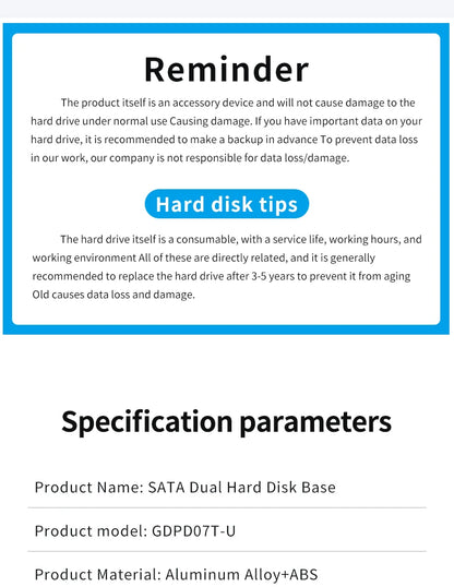 GODO USB 3.0 Dubbel Fack Typ C Hårddiskdocka för 2.5/3.5 tums SATA-enheter