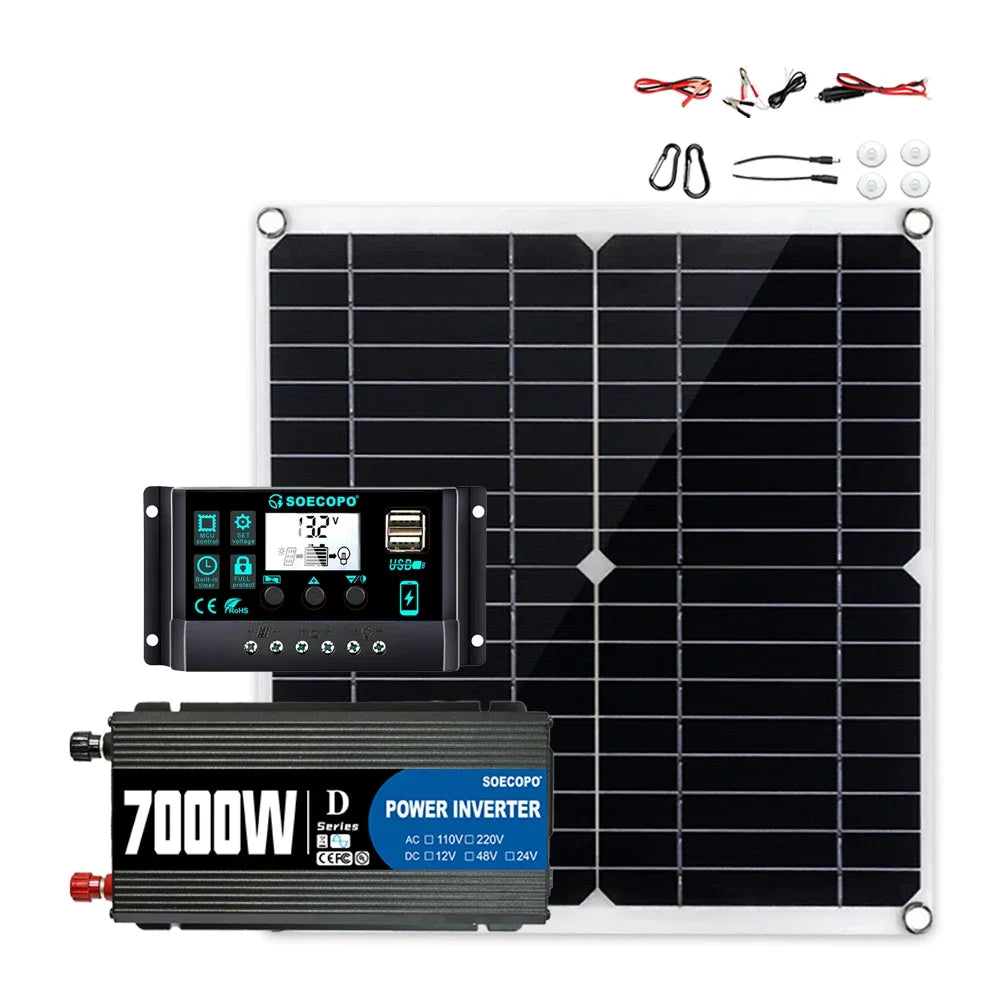SOECOPO Komplett Off-Grid Solcellskit 7000W Peak – Flexibel Panel + 750W Inverter + LCD-regulator 12V till 220V, EU-lager Polen