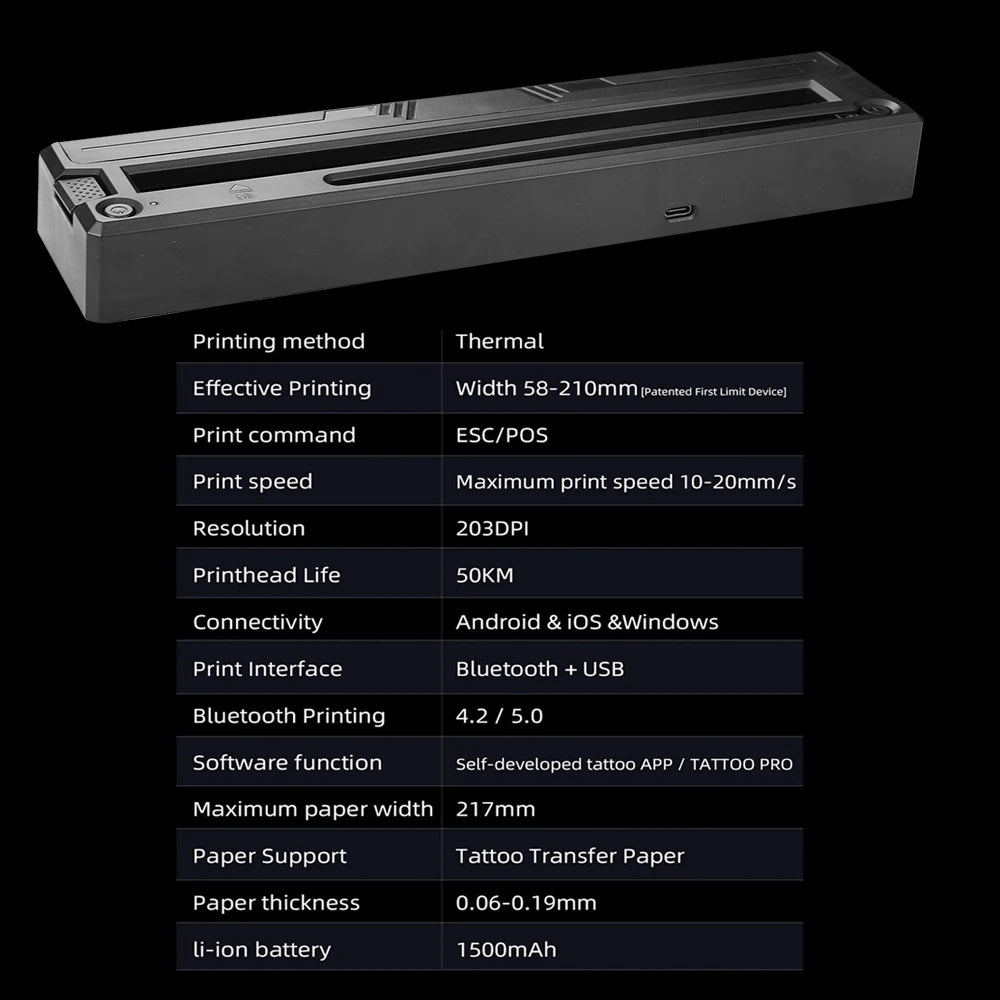 Wireless Tattoo Printer Bluetooth Tattoo Stencil Thermal Transfer Machine with 10 Transfer Paper Compatible with Smartphone & PC