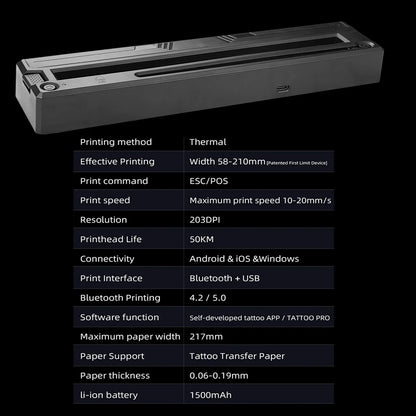 Wireless Tattoo Printer Bluetooth Tattoo Stencil Thermal Transfer Machine with 10 Transfer Paper Compatible with Smartphone & PC