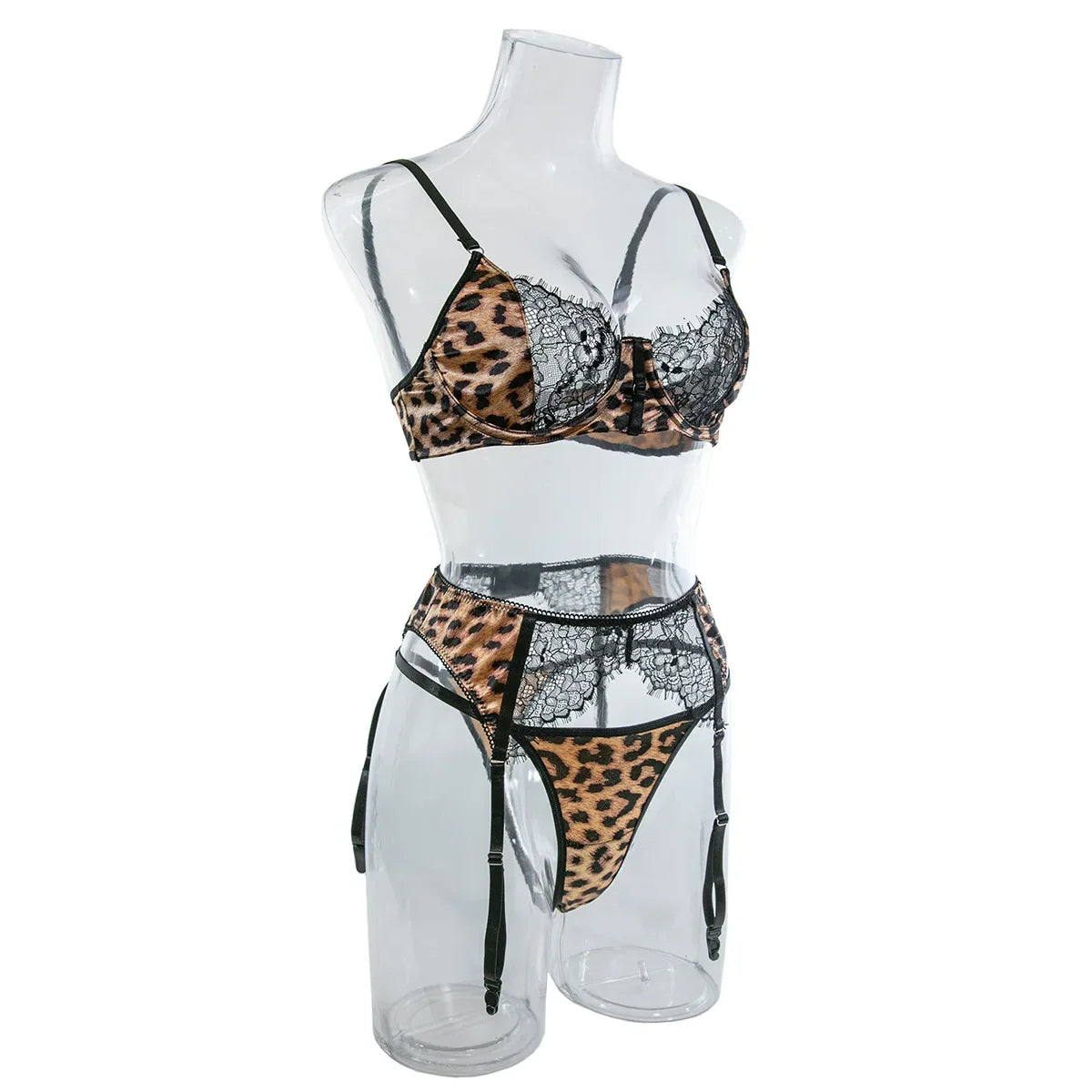 Leopardspets Lingerieset 3-delat – Sexigt, Romantiskt, BH & Trosa, S–L