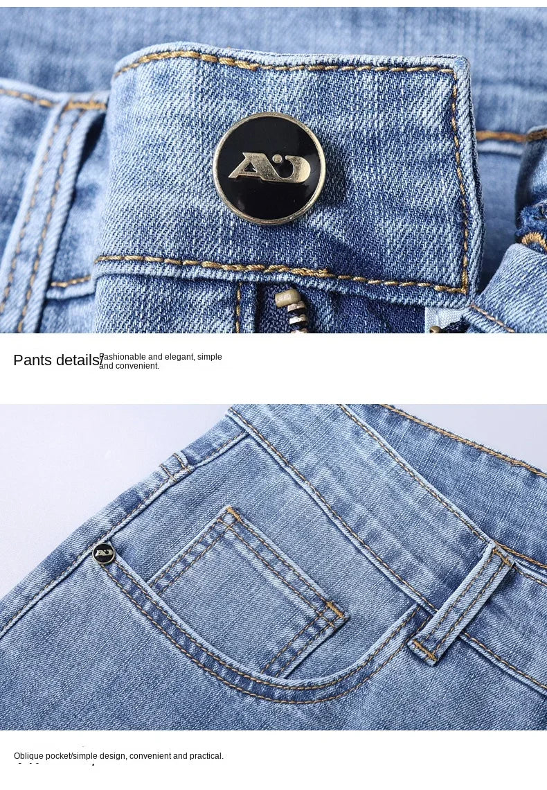 Spring and Summer Thin Men's Light Blue Slim Jeans Stylish Casual Stretch Fabric Denim Pants Classic Trousers Smoke Gray
