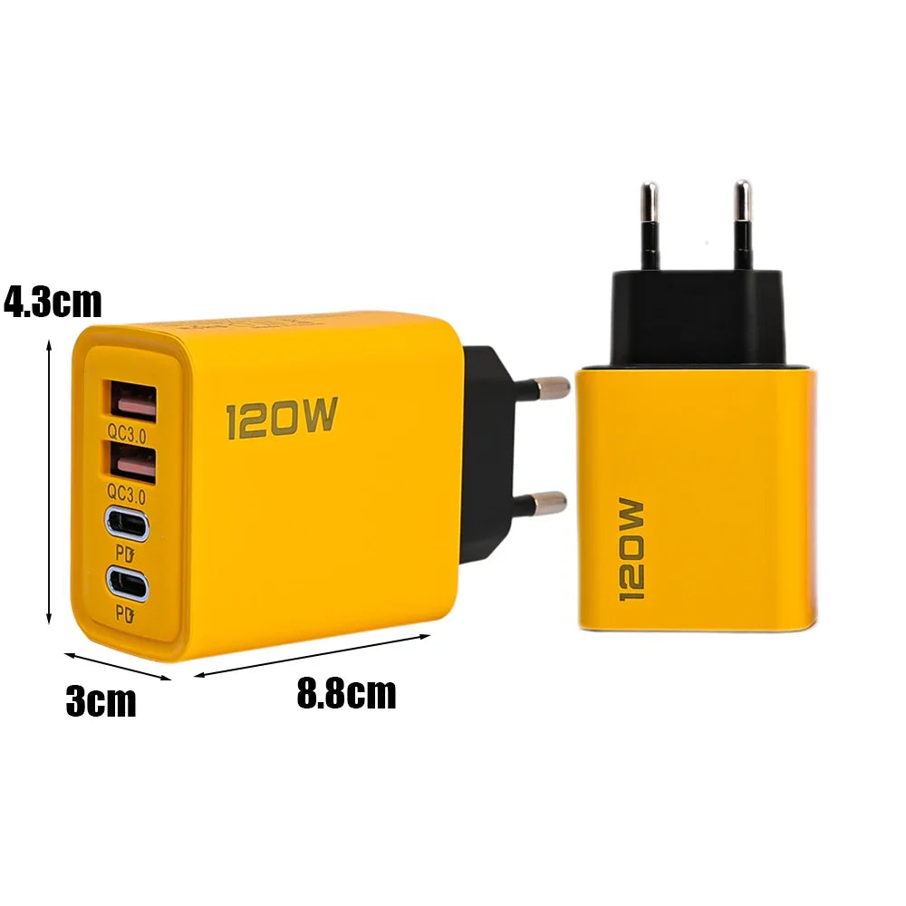 120W Väggladdare med 4 Portar – Dual USB-C PD och Dual USB-A QC 3.0, EU/US/UK-kontakt