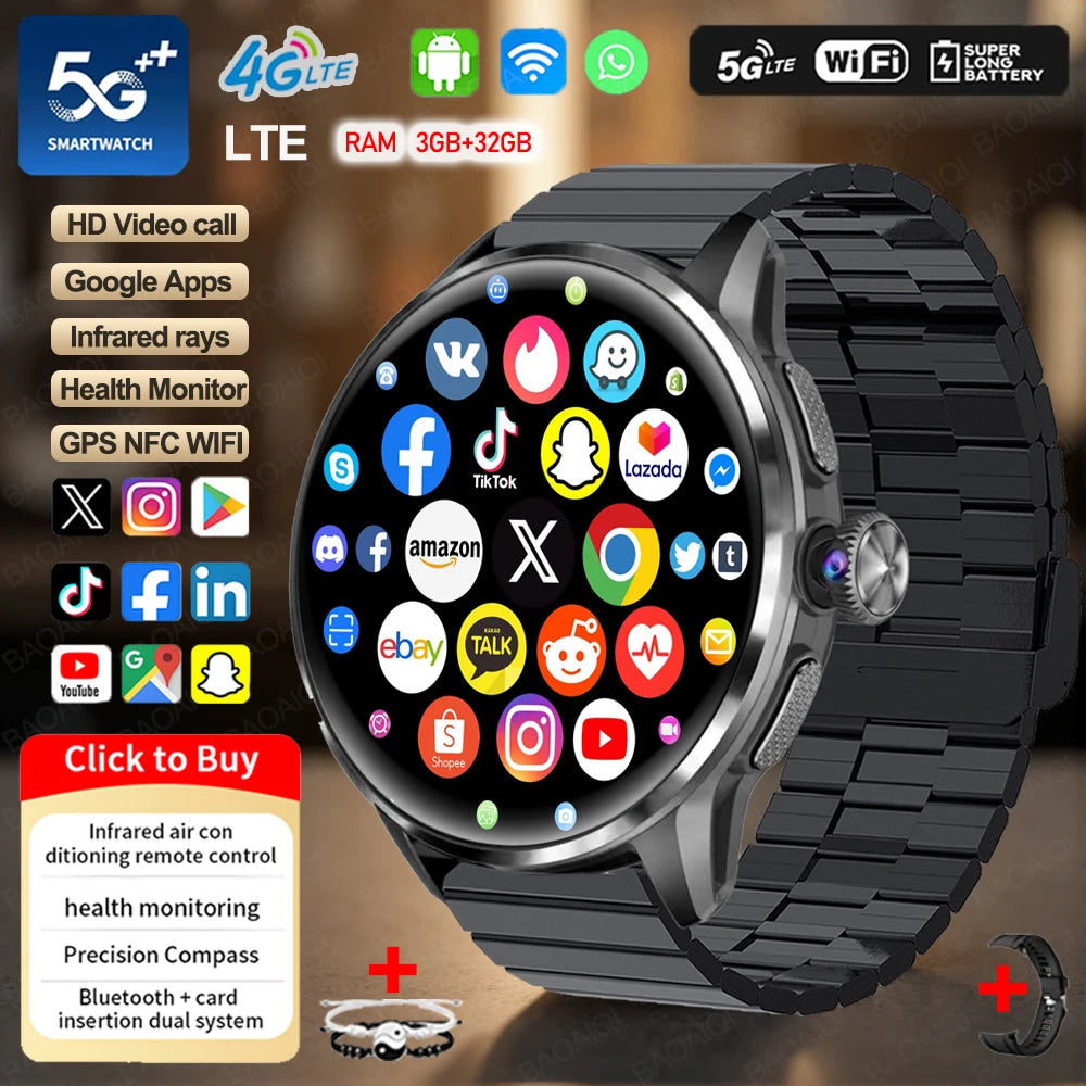 4G/3G Full Network Infrared Smart Watch 1.60 inch AMOLED Screen 800W Video Call  2100mAh Google Play WIFI GPS Compass Smartwatch